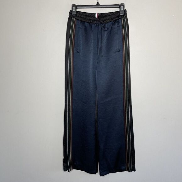 TOMMY HILFIGER Womens Black Satin Side-Stripe Athletic Pants Ankle-Zips Sz: 2 - Picture 1 of 8